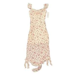 NWT Kirious Women's XS White Pink Floral Midi Dress Ruched Ruffle